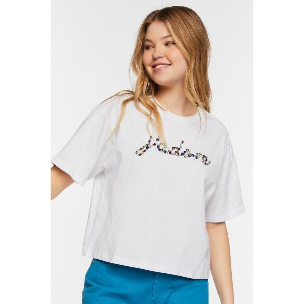 NWT Forever 21 Faux Gem J'adore Graphic Tee‎ in White Size Medium